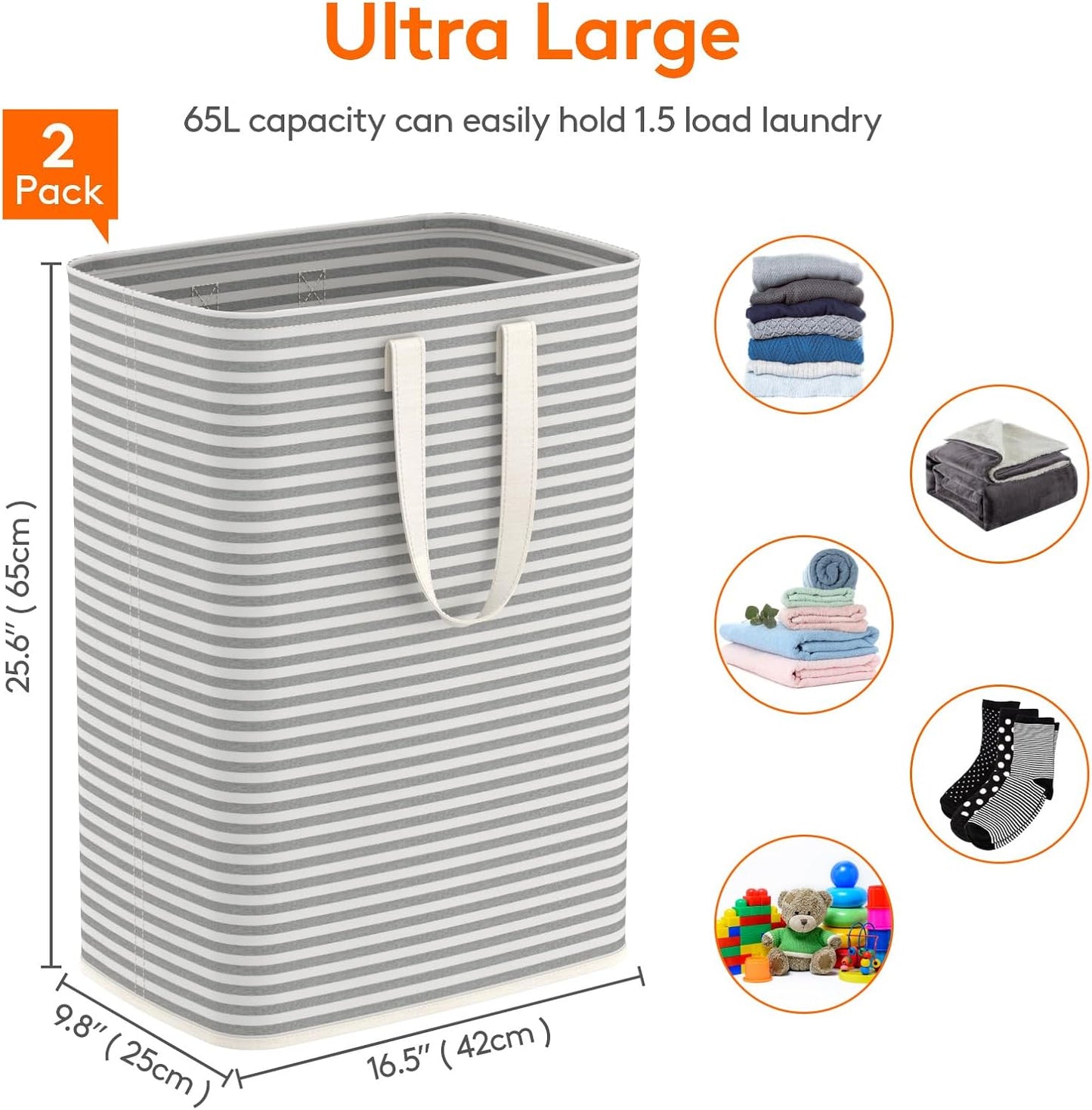 Lifewit Laundry Basket - 65L Collapsible Hamper with Reinforced Handles | Waterproof Design - Grey (2 Pack)