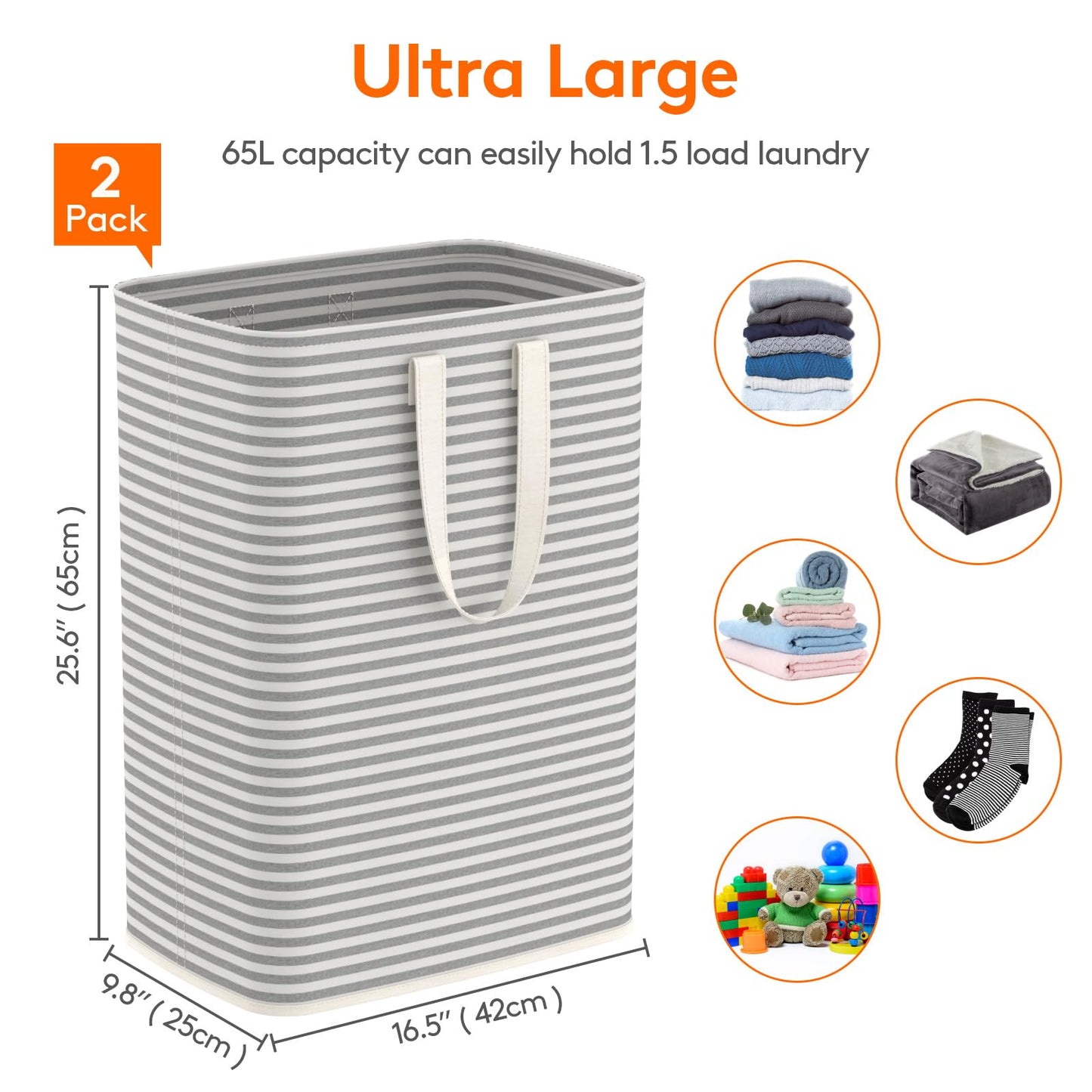 Lifewit 2 Pack Laundry Basket 65L Each, Collapsible Clothes Hamper with Reinforced Handles, Freestanding Waterproof Design for Bedroom and Laundry Room, Grey 130L Total