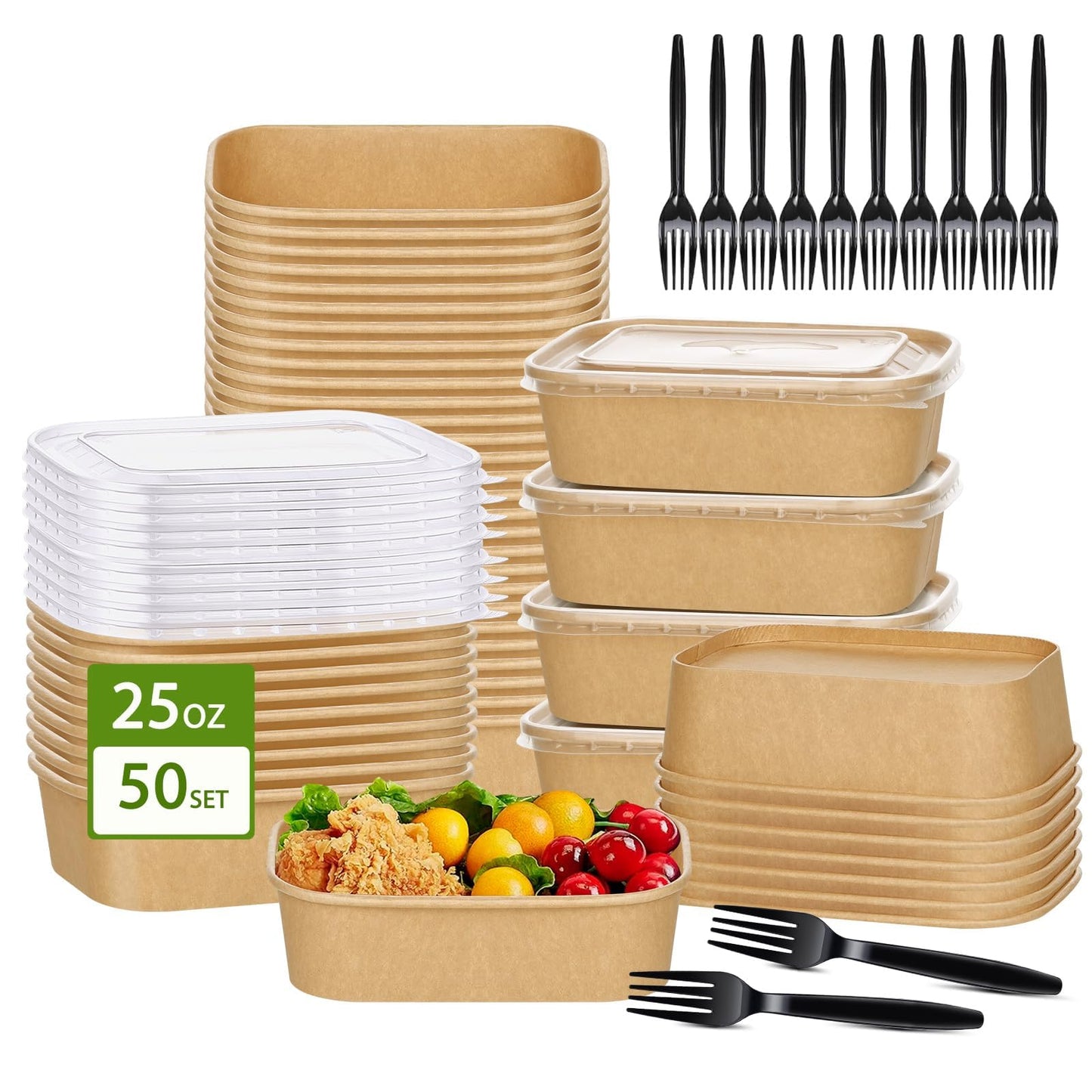 DI QIU REN 50-Pack 25oz Paper Bowls, Disposable Food Containers with Lids and Forks, Cardboard Meal Prep Containers for Diet Salad, Pasta (kraft Paper Rectangular, 25oz 50 Count)