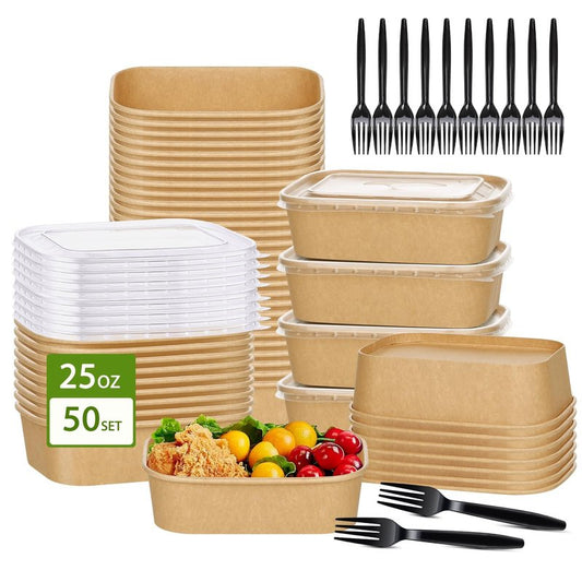 DI QIU REN 50-Pack 25oz Paper Bowls, Disposable Food Containers with Lids and Forks, Cardboard Meal Prep Containers for Diet Salad, Pasta (kraft Paper Rectangular, 25oz 50 Count)
