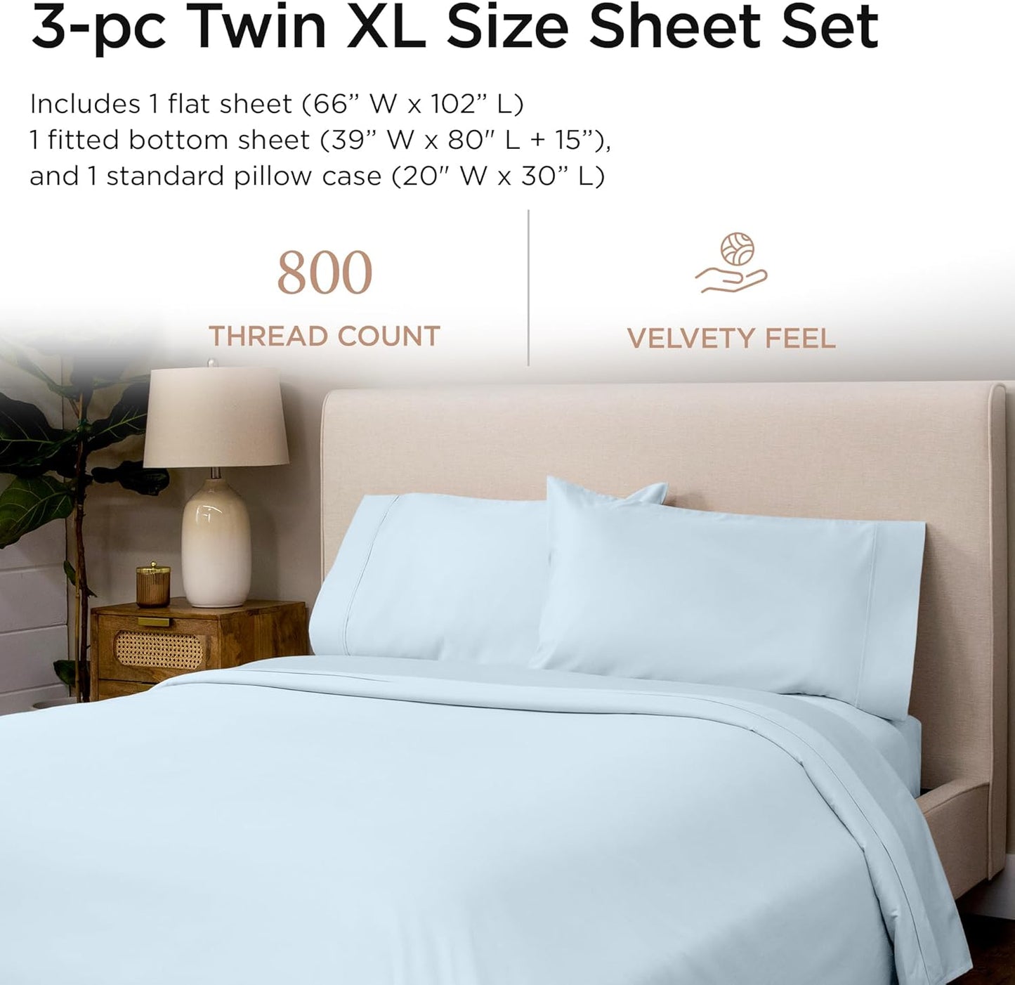 Threadmill Luxury 800 Thread Count Cotton Sheets - Soft Sateen Weave Twin XL Bedding Set | Light Blue, 3-Pc, 15" Deep Pocket