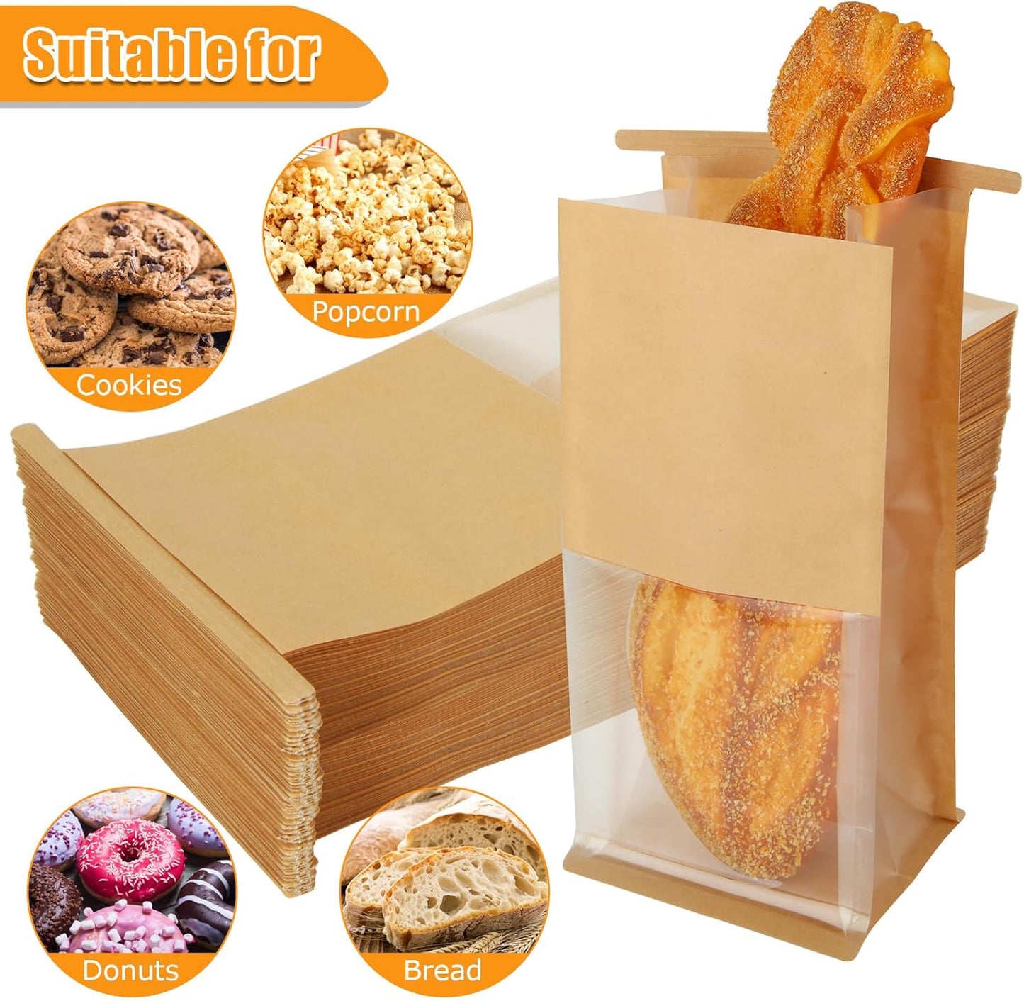 Skiennix Bakery Bags - 150PCS Brown Kraft Paper Cookie Bags with Window | 5.1 x 4.3 x 11.2 Inch for Gifts & Favors