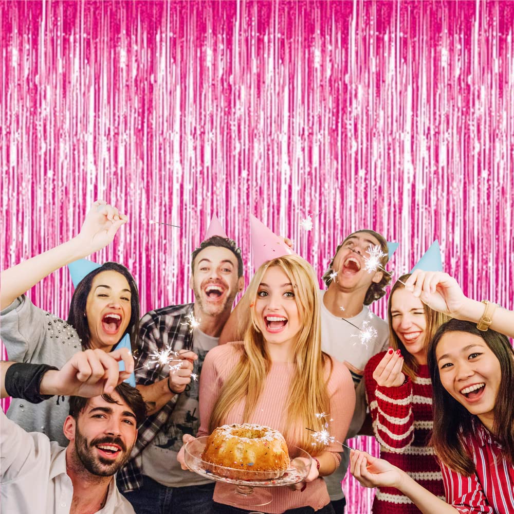GOER 3.2 ft x 8.2 ft Metallic Tinsel Foil Fringe Curtains Party Photo Backdrop Party Streamers for Galentines Day, Birthday, Graduation, New Year Eve Decorations Wedding Decor (1 Pack, Hot Pink)