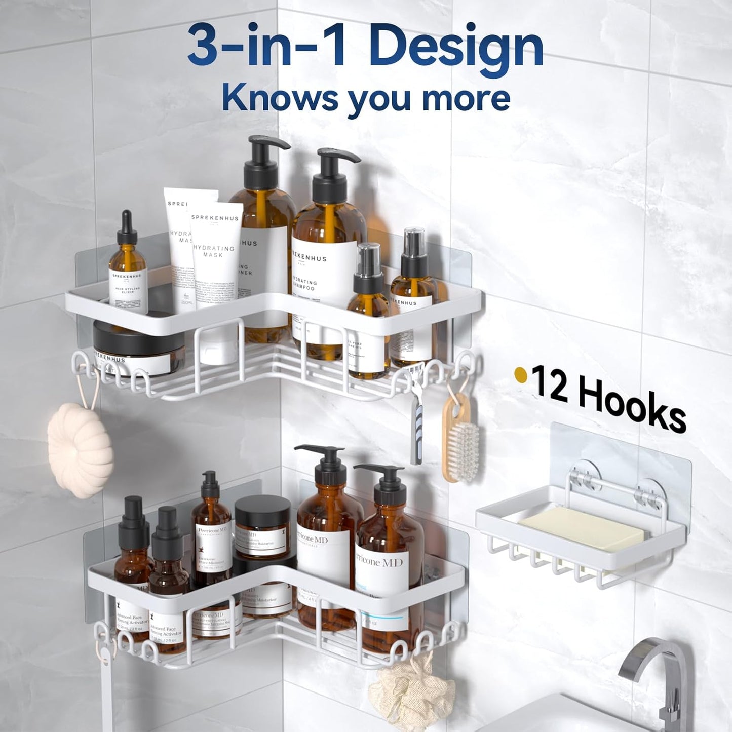 YASONIC Corner Shower Caddy - Rustproof Stainless Steel Bathroom Organizer with Soap Holder & 12 Hooks | White, 3-Pack