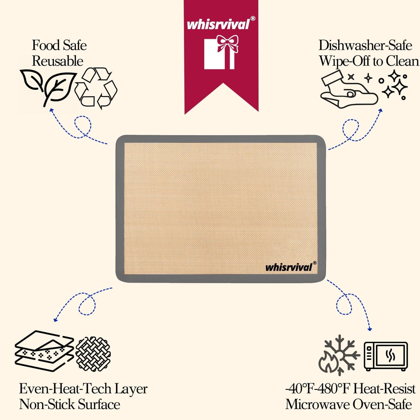 whisrvival 4 Pcs Silicone Baking Mat, Non-Stick Baking Mat, Food Safe Silicone Mats for Baking Cookies, Macarons, Vegetables, 480℉ Heat Resistant (Grey)