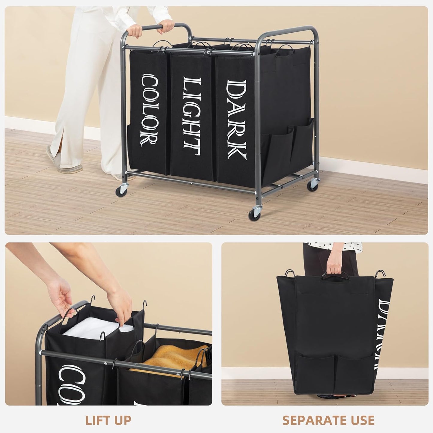 Storage Maniac 3-Section Laundry Sorter - 35.9 Gal Rolling Hamper Cart with Lockable Wheels & Removable Bag - Black