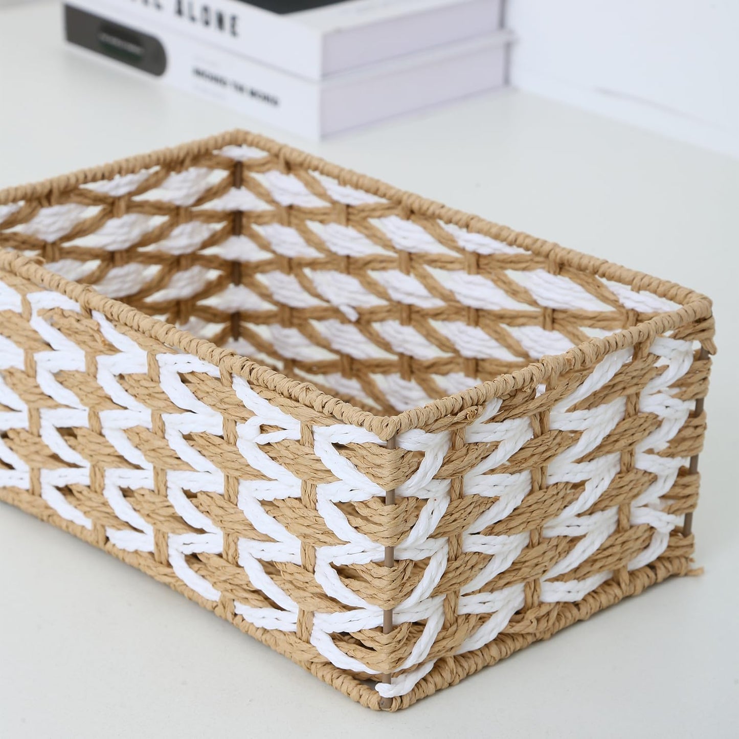 HANMYSTYLE Storage basket Flower weaving storage basket hand-woven organizing Kids room storage snacks sundries toiletries toys set of 3(rectangle)