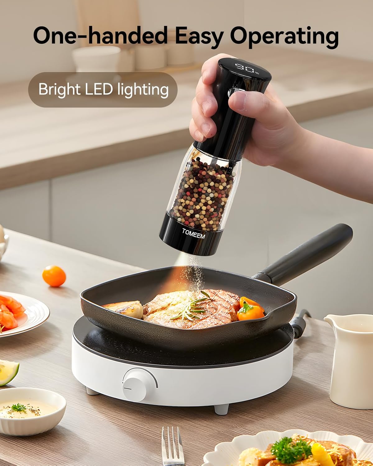 TOMEEM Electric Salt and Pepper Grinder Set - Rechargeable with LED Indicator & 5-Level Grinding | 4.5oz Capacity