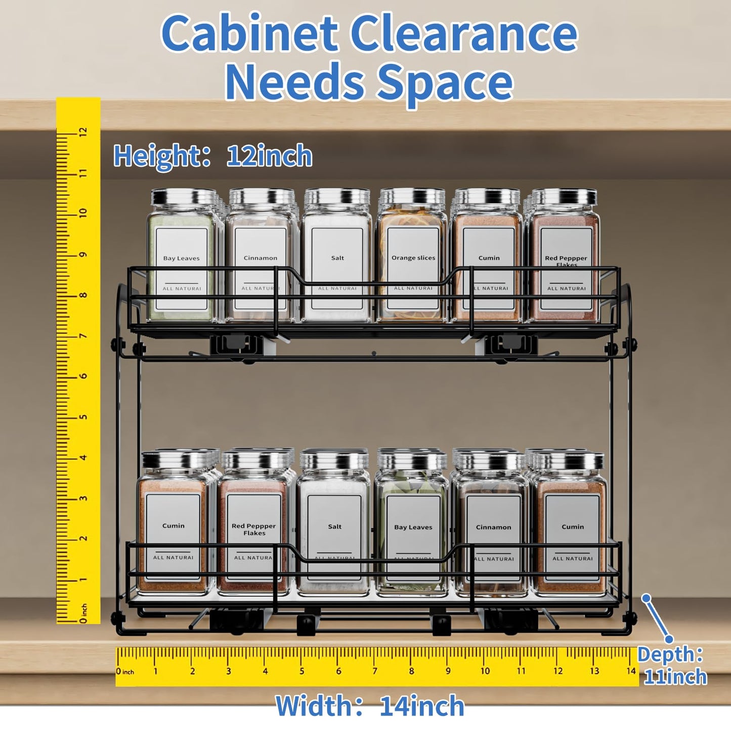 BOIVSHI 2-Tier Pull Out Spice Rack, Spice Rack Organizer, Pull Out Spice Racks for Inside Cabinets, Height Adjustable Heavy Duty Metal Basket for Inside Cabinet & Pantry (13.5''Wx10.5''Dx9.5''H)