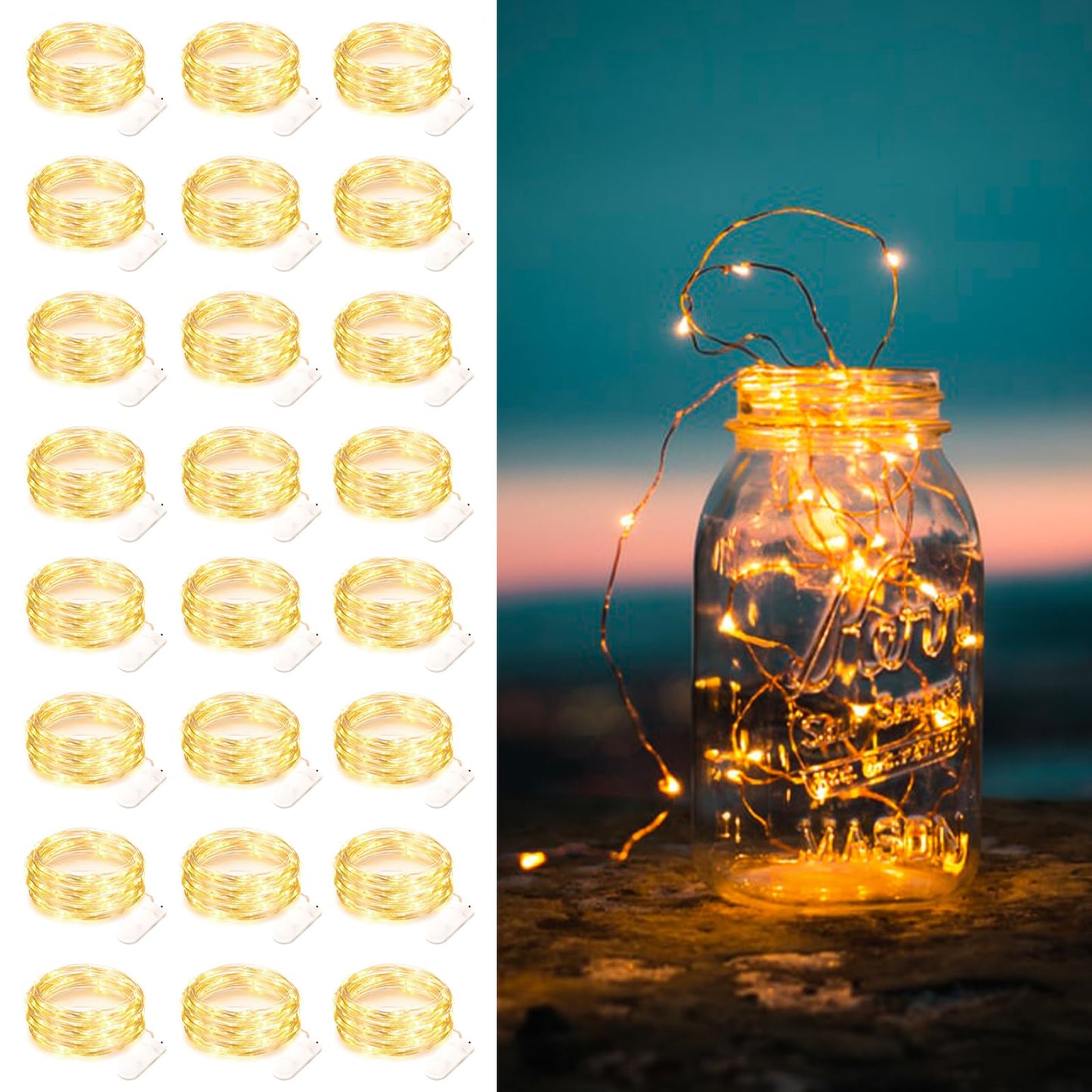 Yiaht 24 Pack Fairy Lights Battery Operated String Lights 7 Feet 20 Led Waterproof Christmas Lights Silver Wire Firefly Starry Moon Lights for Bedroom DIY Party Wedding Patio Christmas