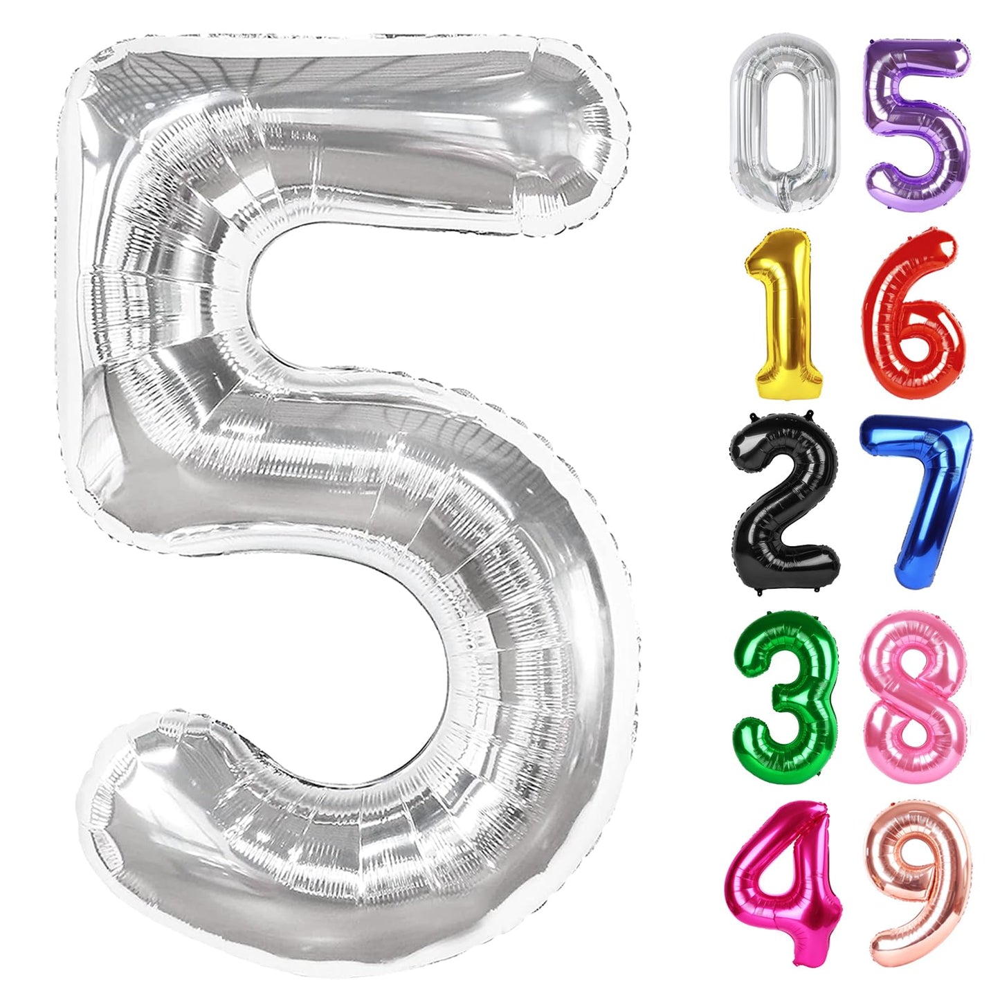 Silver Number 5 Balloon 40 Inch, 5th Birthday Party Decorations for Children, Giant 5 Foil Balloon for Party Supplies