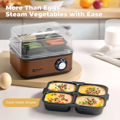 Annie & Mia Design Stainless Steel Egg Cooker - 8 Egg Capacity, 500W, Auto Shut-Off, Recipe Guide (Gold)