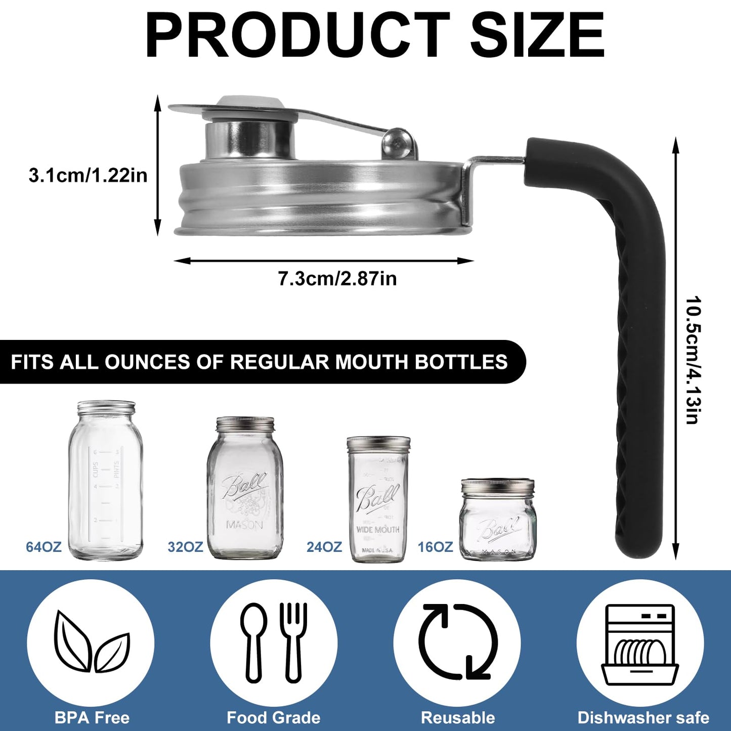 2 Pack Mason Jar Pour Spout Lid Mason Jar Pitcher Lid With Handle for 70MM Ball Mason Jars Leak Proof Seal for Drinking Salad Dressing & Food Storing