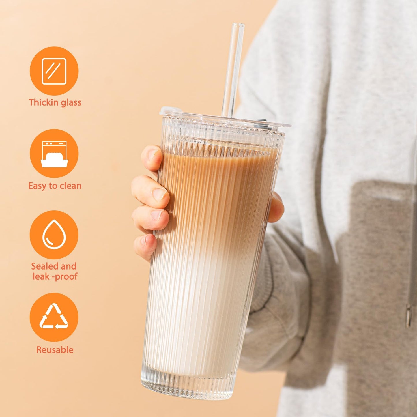 SoulTimes 16oz Ribbed Glass Tumbler with Lid and Glass Straw – Set of 4 Glass Cups with Lids and Straws for Coffee, Smoothies, Cocktails and More, Reusable Iced Coffee Cups for Daily Use and Travel
