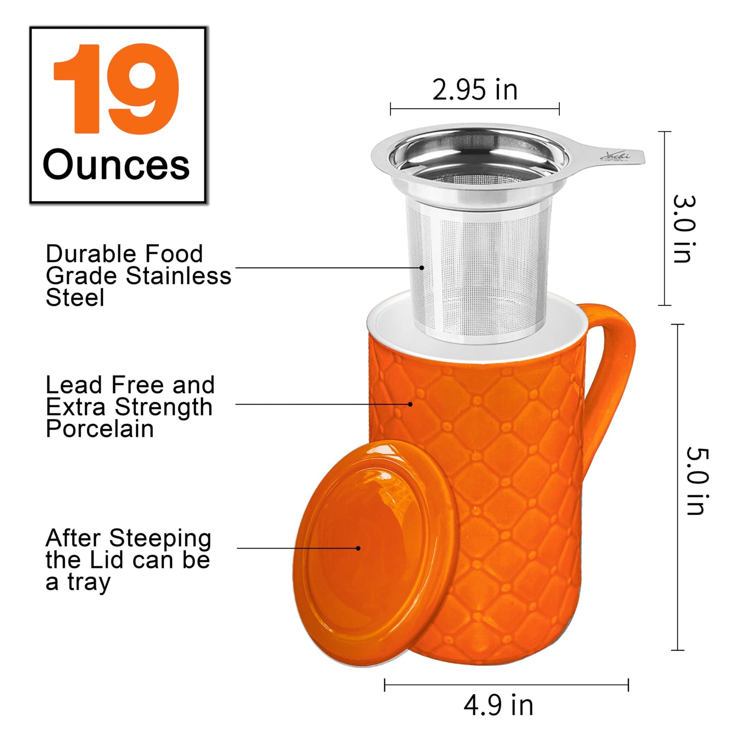 Yachi 19oz Ceramic Tea Mug with Infuser and Lid Loose Leaf Tea Steeper Microwave & Dishwasher Safe for Tea, Coffee, Milk, Home & Office (Orange Embossed Porcelain Tea Cup)
