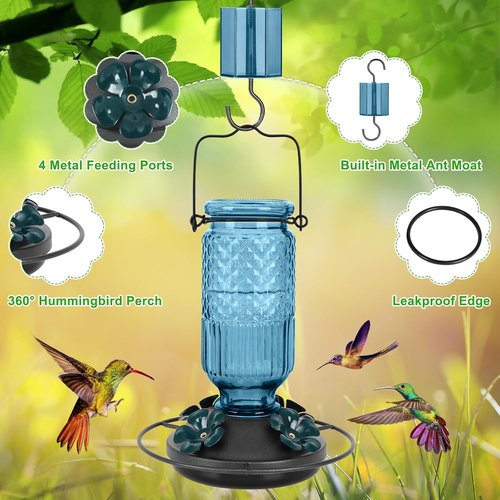 FEED GARDEN Glass Hummingbird Feeder - 16 Oz with 4 Bee Guard Ports & Ant Moat | Blue, 2 Pack for Outdoor Use