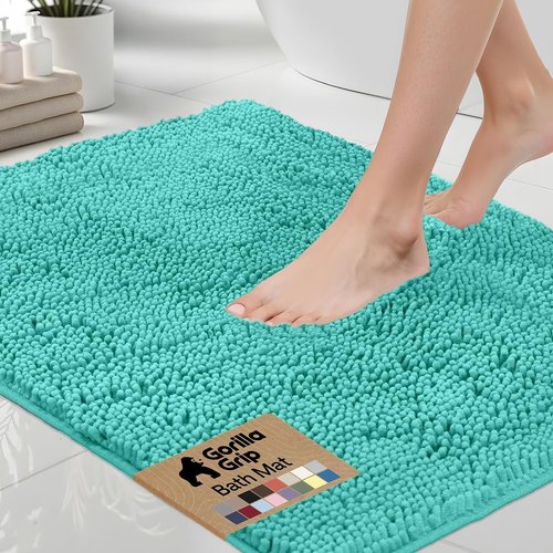 GORILLA GRIP Bath Rug Mat - Thick Soft Absorbent Chenille | Quick Dry Microfiber, 24x17, Turquoise