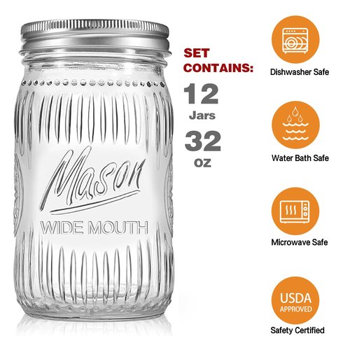 Jeitae 12 Pack 32 oz Wide Mouth Mason Jars - Heavy Duty Glass Storage Jars with Airtight & Leak Proof Lids for Pickling, Canning, Food Storage, Flour, Sugar, Pasta, Oats & DIY Projects (12pack 32oz)