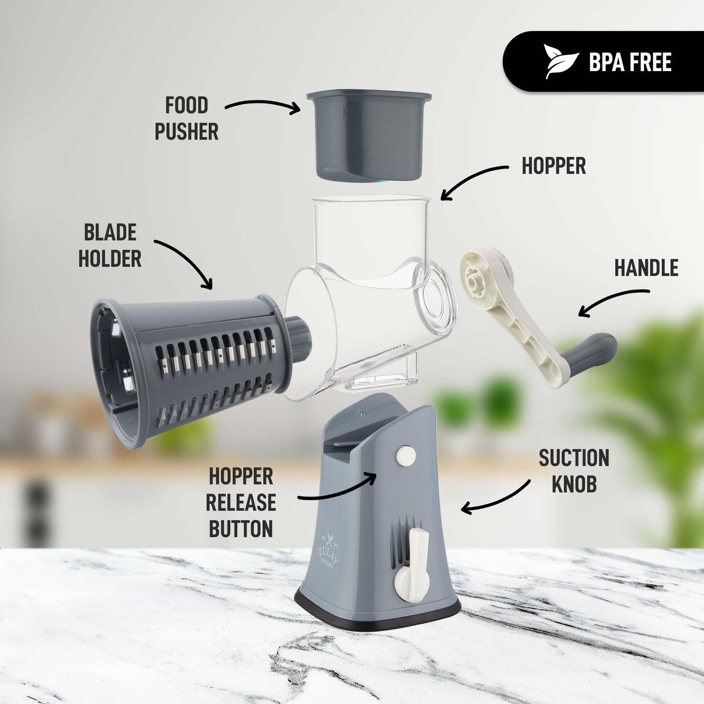 Zulay Rotary Cheese Grater 5 Blade Cheese Shredder - Manual Hand Crank Cheese Grater With Reinforced Suction & 5 Interchangeable Drums - Easy to Use Vegetable Chopper - Cloud Whisper