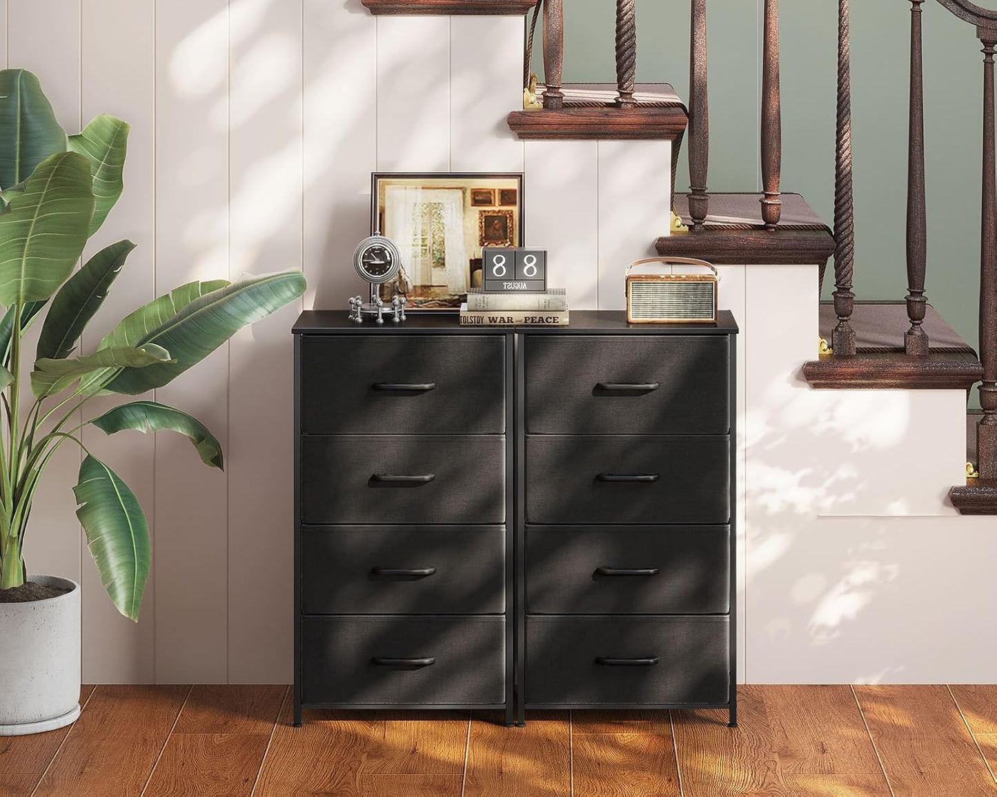 AODK Dresser - 4 Drawer Fabric Chest with Sturdy Steel Frame - Stylish Black Bedroom Storage