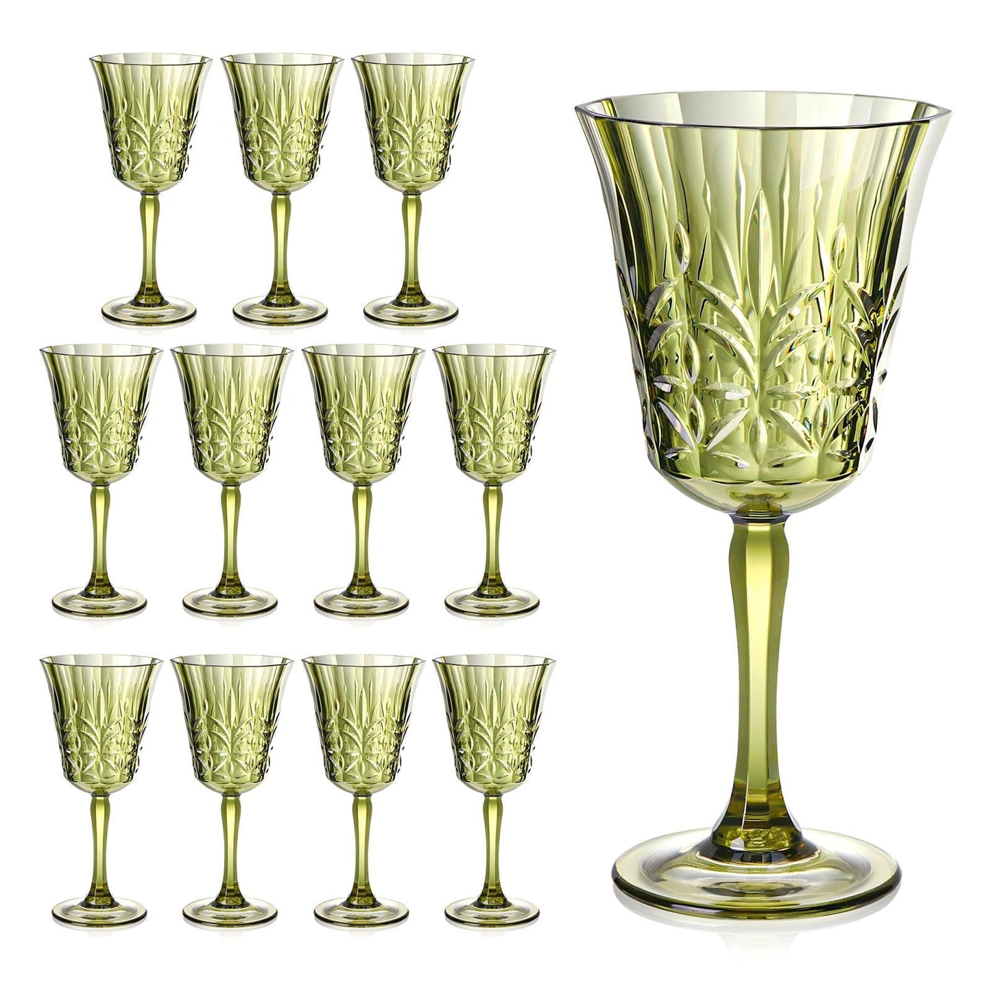 10oz Green Plastic Wine Glasses Goblets Stemmed Wine Glasses Set of 12 Shatterproof and Reusable Crystal Glasses Set for Wedding Reception Grand Event Party Ceremony (12, Green)