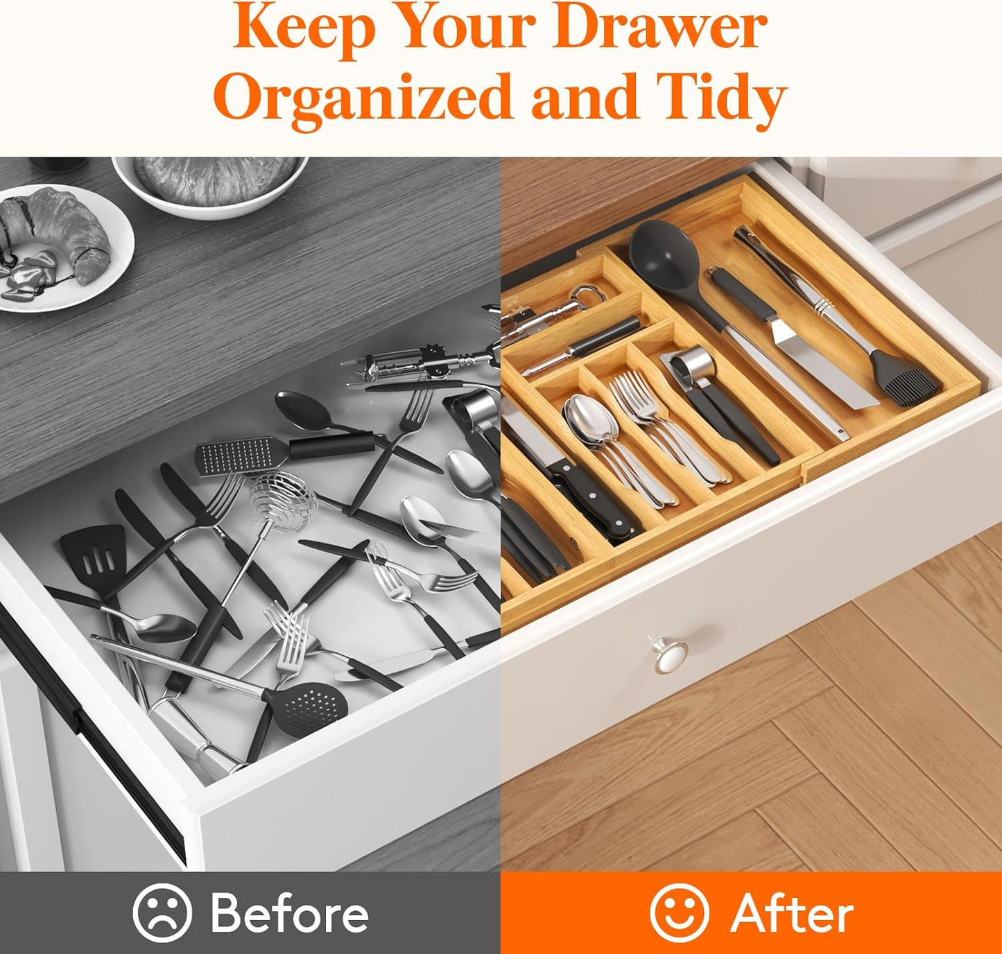 Lifewit Bamboo Silverware Drawer Organizer - Expandable 21.4 to 36 Inches | 13 Compartment Utensil Tray