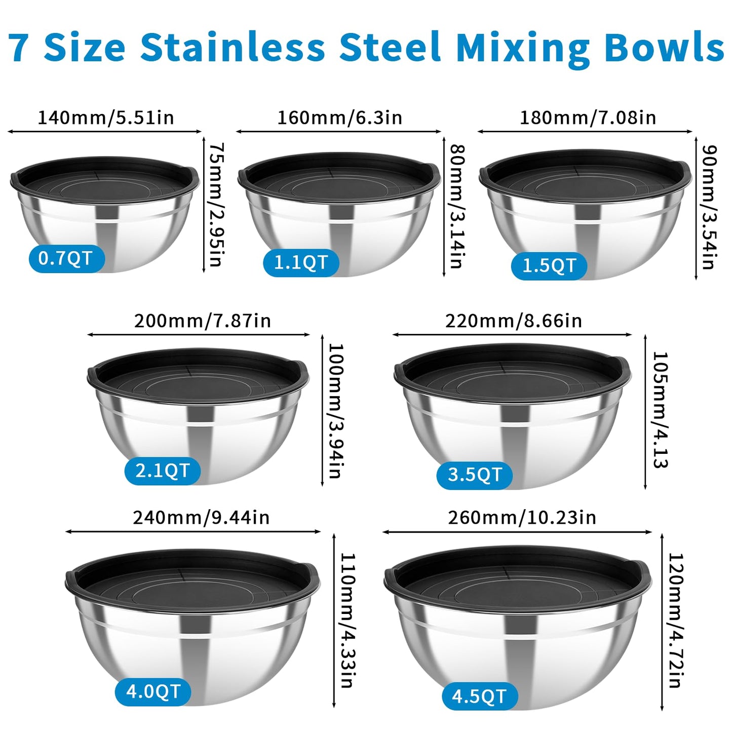 YJSLICT Stainless Steel Mixing Bowls with Lids Set (Size 0.7, 1.1, 1.5, 2.1, 3.5, 4, 4.5QT)