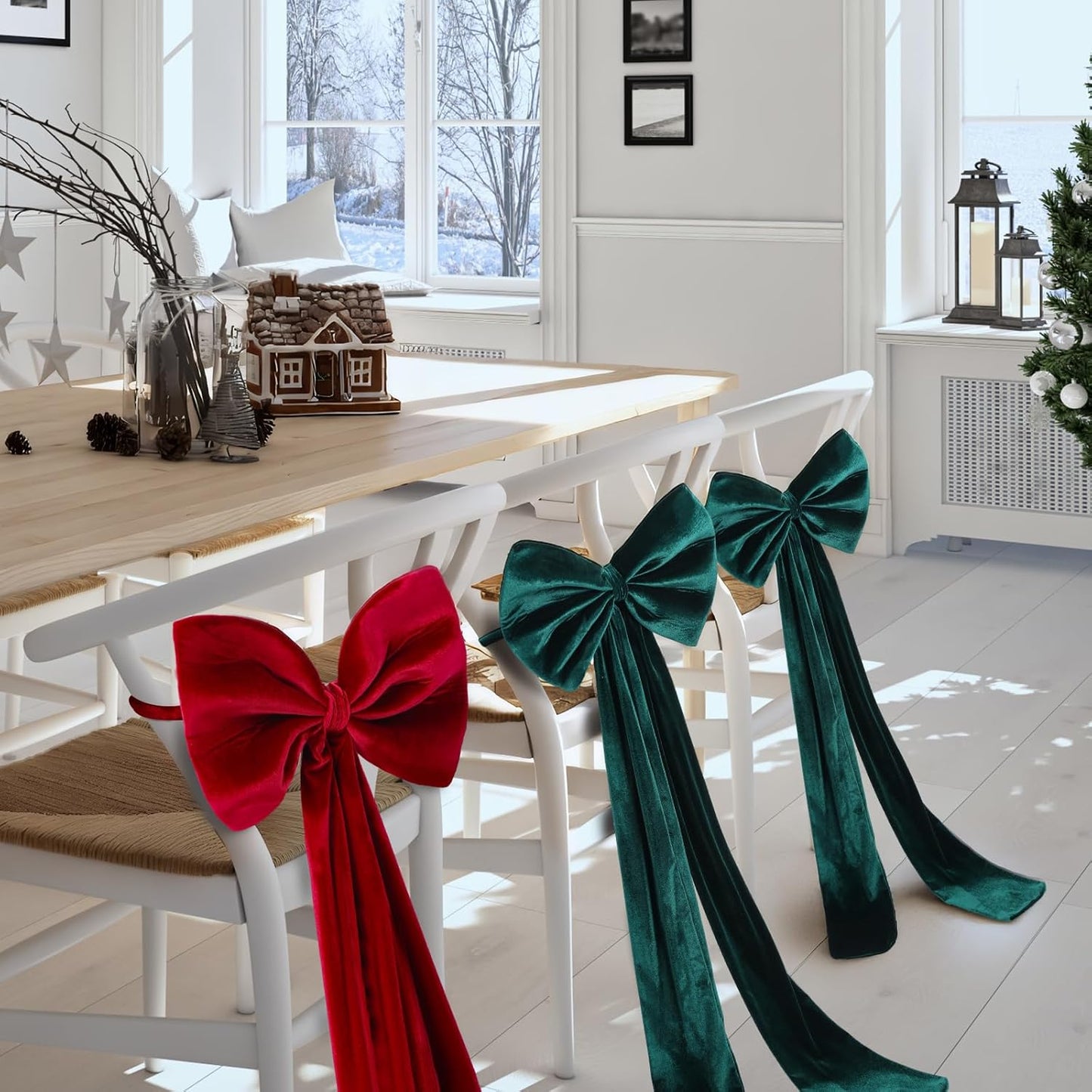 Suncalla Velvet Chair Bows - 4 Pcs Red & Green 12 x 43 Inch Elegant Sashes for Weddings & Parties