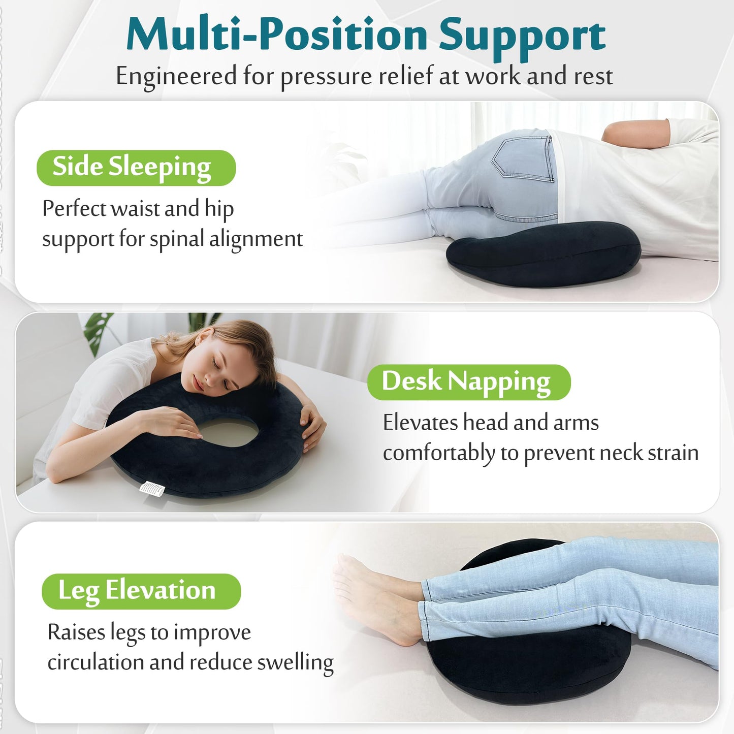 AOSSA Donut Pillow for Hemorrhoids & Tailbone Pain, Bed Sore Cushions for Butt, BBL Pillow After Surgery for Sleeping, Ergonomic Pressure Relief Seat Cushion for Sciatica, Postpartum (Black)
