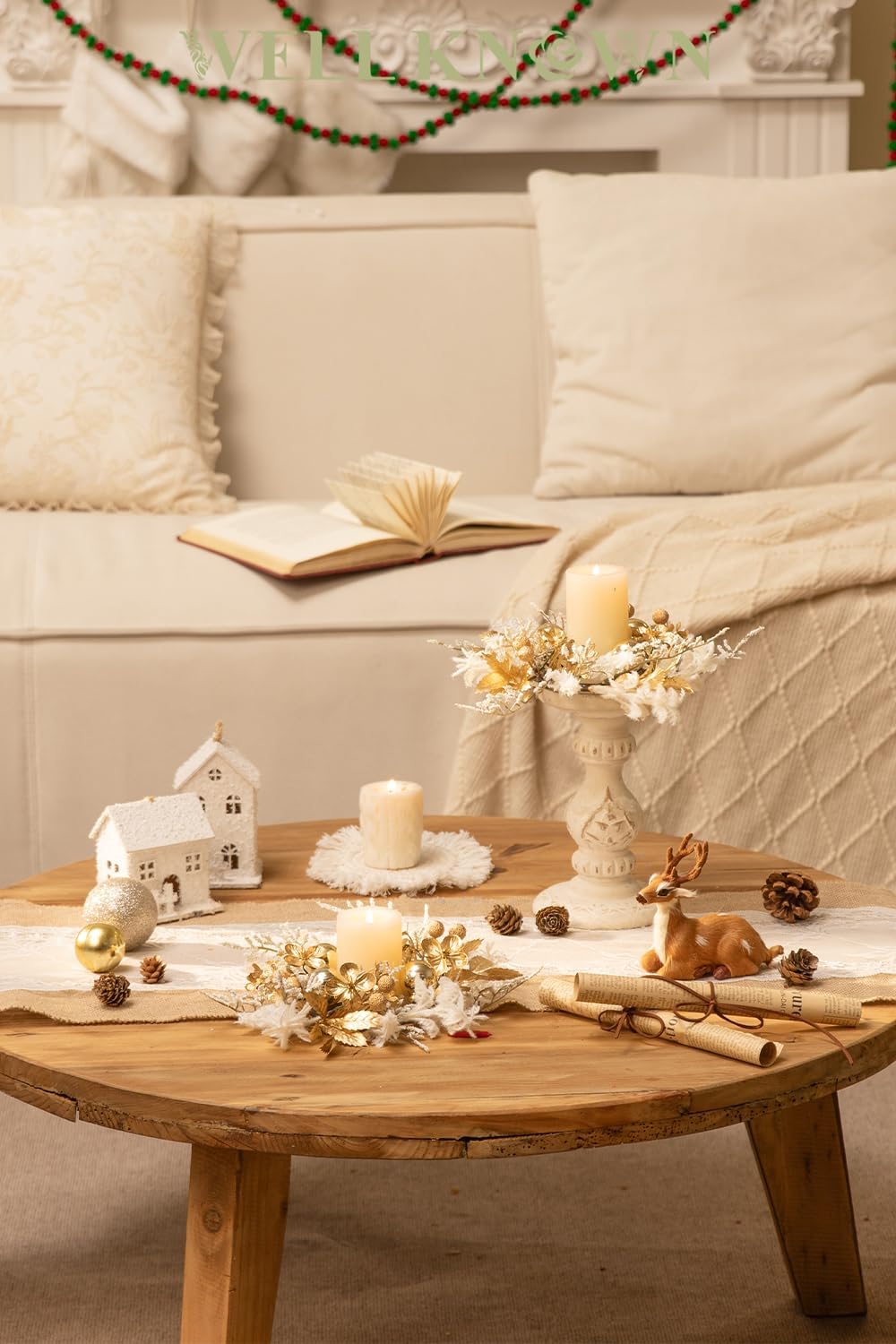 Skiennix 2 Pcs 9" Mini Golden White Floral Candle Rings - Elegant Home Decor for Pillars & Windows