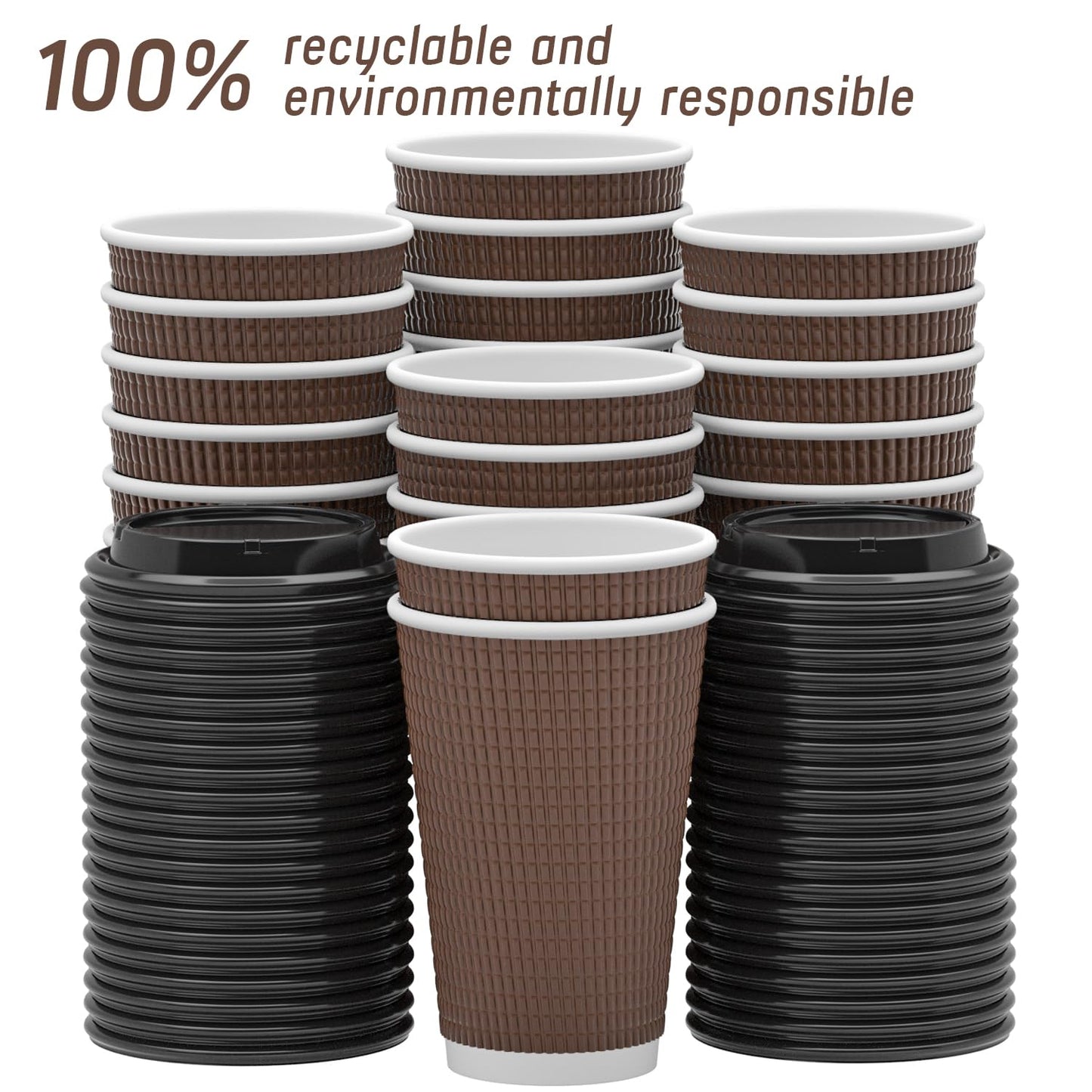 Qunclay Disposable Coffee Cups with Lids,16 oz (80 Pack) Togo Hot Paper Coffee Cup with Leak-Proof Lid To Go for Hot/Cold Beverages Insulated Reusable Drinks Corrugated Ripple Cups (Brown)