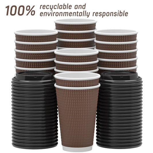 Qunclay Disposable Coffee Cups with Lids,16 oz (80 Pack) Togo Hot Paper Coffee Cup with Leak-Proof Lid To Go for Hot/Cold Beverages Insulated Reusable Drinks Corrugated Ripple Cups (Brown)