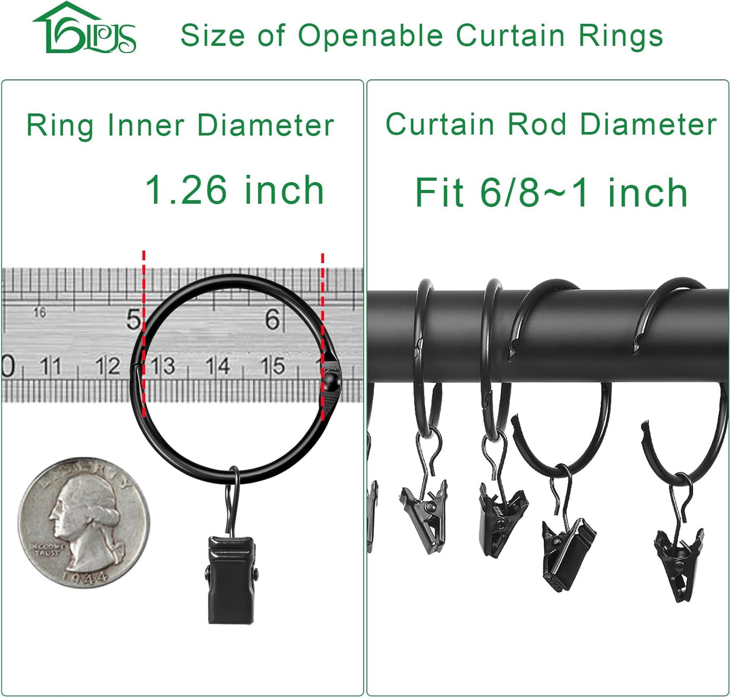 LLPJS Openable Curtain Rings - Durable Clips for Easy Drapery | 1.26" Interior Diameter, Black, Set of 36