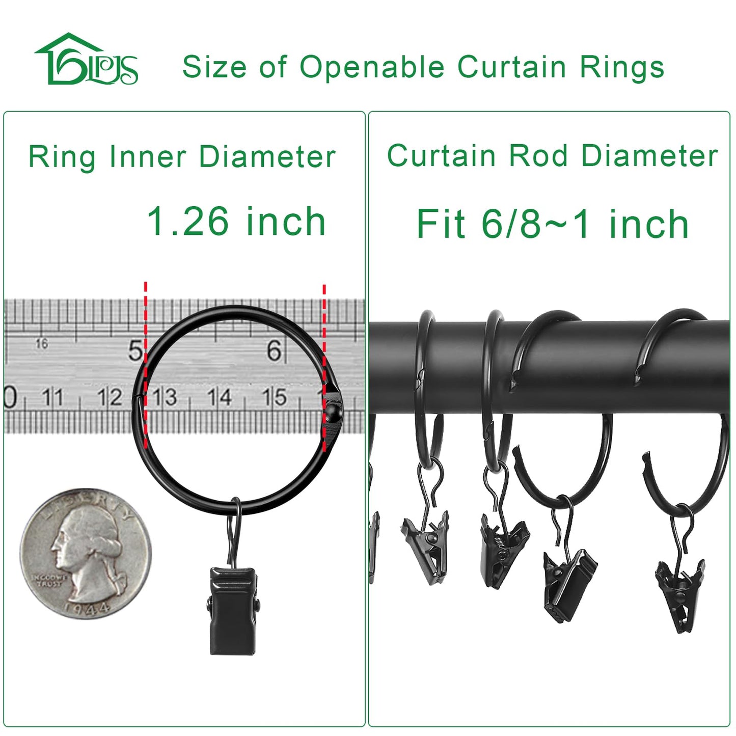 LLPJS Openable Curtain Rings with Clips, Open Drapery Rings with Hooks, Curtain Clips 1.26 inch Interior Diameter, Fit up to 1" Curtain Rod (Black, 1.26" I D Set of 36)