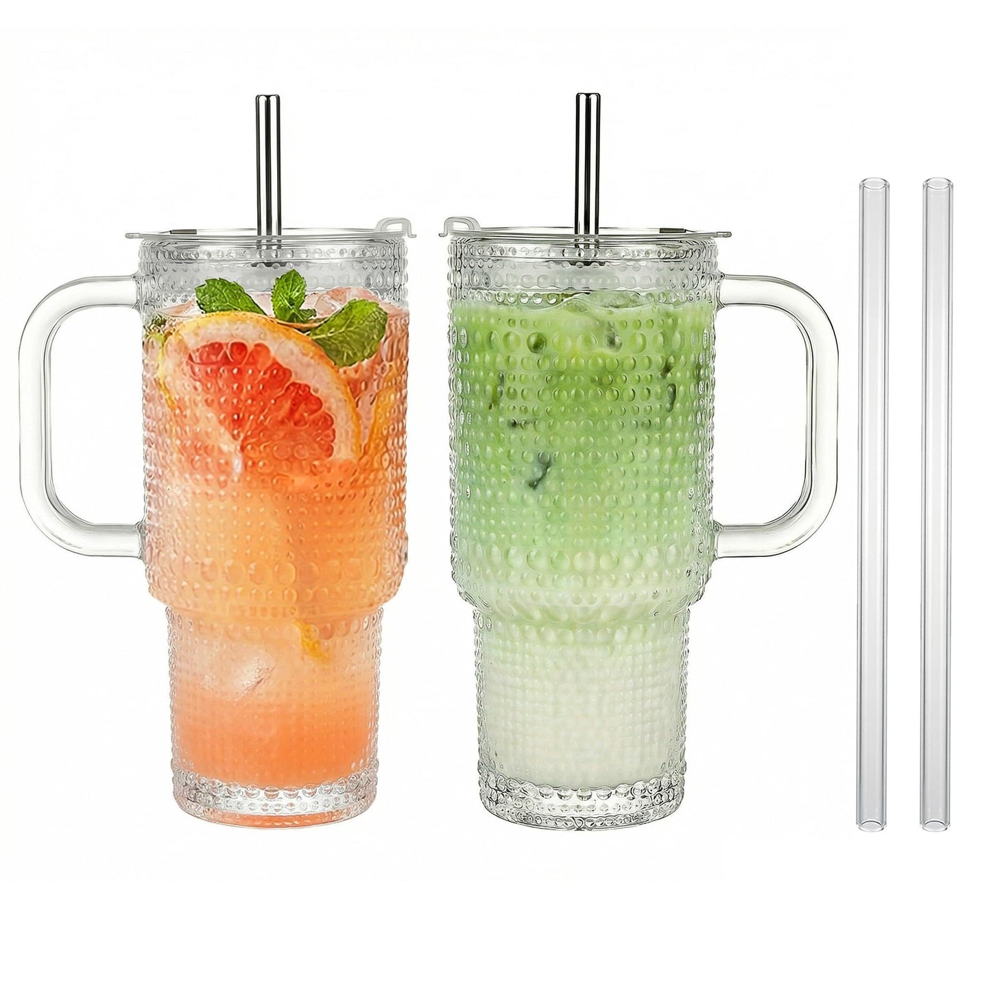 WACOI Thick Hobnail Glass Cup with Lids and Straws, Upgraded Version Iced Coffee Tumbler Cups with Stainless Steel Straws and Leak-proof Sealing Lid 2 Pack 18 oz