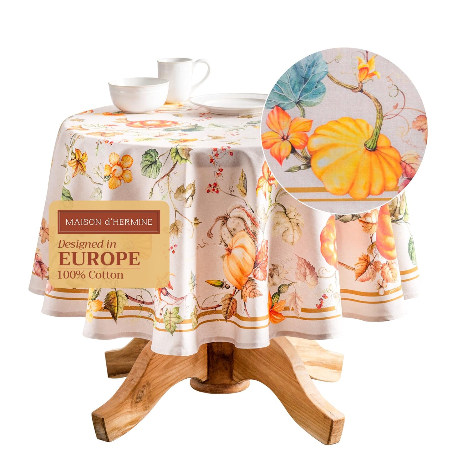 Maison d' Hermine Table Cloth Round Table 100% Cotton 63 Inches Fall Tablecloth Reusable Everyday Use for Thanksgiving Christmas Decorations Dining Farmhouse Party (Potiron)