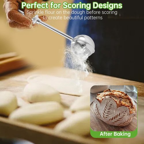 Flour Sifter for Sourdough Bread - Bread Flour Shaker Duster, One Handed Operation Flours Duster for Breads Baking, 304 Stainless Steel, Spring Handle Bakers Dusting Wand for Flours