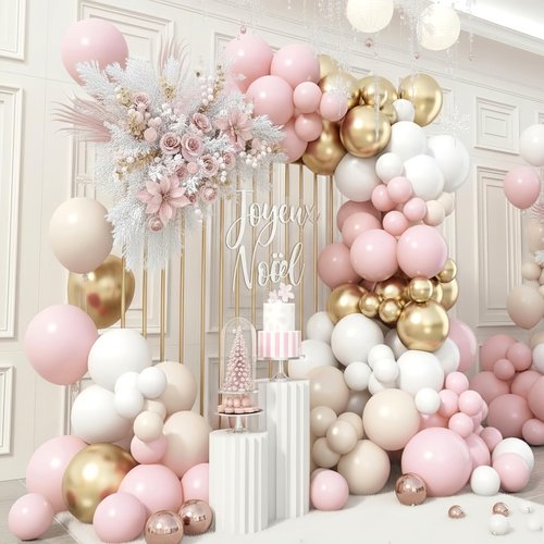 Dusty Pink Beige Gold Boho Balloon Garland Arch Kit, Neutral Blush Nude Tan Champagne Gold Double Stuffed Balloon Arch Kit for Women Birthday Wedding Baby Bridal Shower Engagement Party Decorations