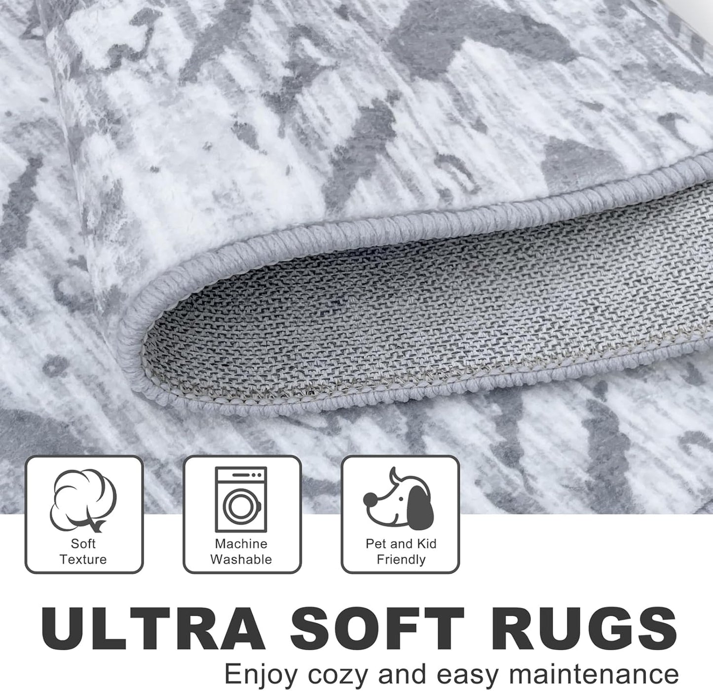 KILOCOCO Round Area Rug 5ft Rug for Living Room Bedroom Machine Washable Non Slip Printed Boho Rugs Low-Pile Soft Circle Rugs for Kitchen Dining Geometric Moroccan Carpet, Grey White