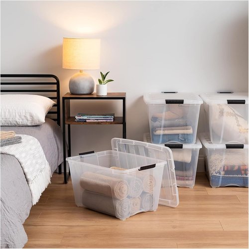 IRIS USA 54 Qt Stackable Plastic Storage Bins - BPA-Free, Durable Lids, 12 Pack | Clear Organizing Solution