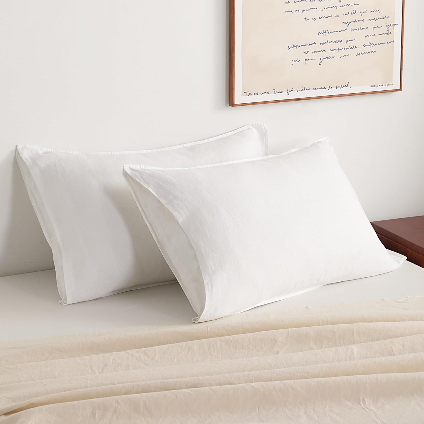 NTBAY French Linen Pillow Cases - 100% Breathable Linen Standard Pillowcases, 20x26 Inches | 2 Pack, White