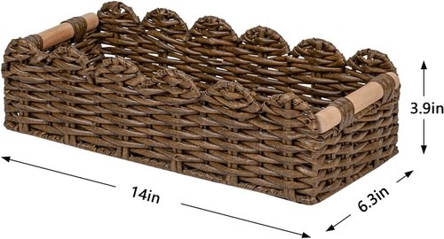 CubesLand Wicker Floating Shelves Baskets - Scalloped Edge Toilet Paper Organizer | Brown Rattan with Wood Handle