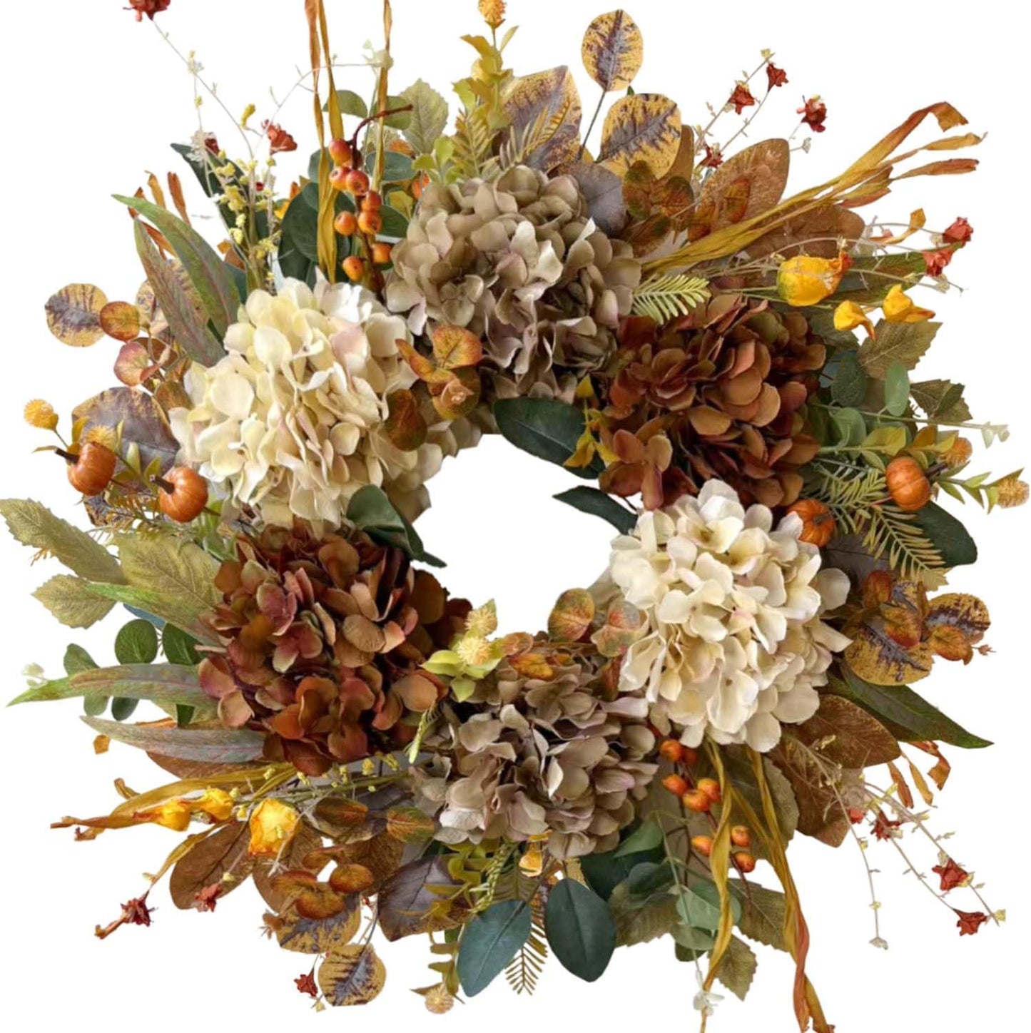 WANNA-CUL 24 Inch Fall Wreath - Hydrangea & Little Pumpkins | Seasonal Home Decor for Autumn & Thanksgiving