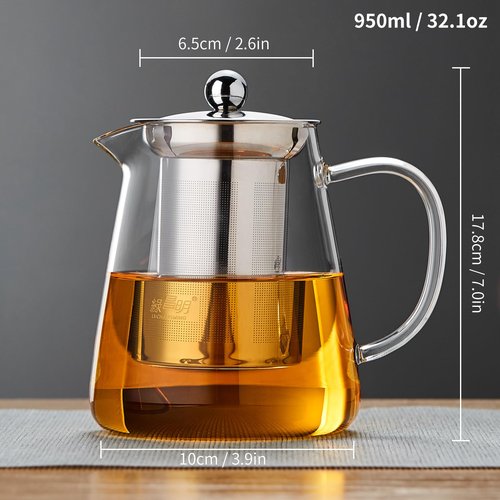 Glass Tea Pot 950ML, Borosilicate Glass Tea Kettle with Detachable Stainless Steel Infuser, Clear Teapot for Loose Leaf Tea, Blooming Tea, Tea bags 32oz