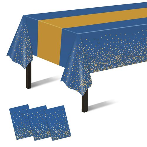 Childom 3 Pack Graduation Tablecloth,Graduation Decorations Class of 2026 Graduation Party Decorations,54"x108" Blue and Gold Plastic Table Cloth Disposable for Home,School,Birthday,Wedding,Parties