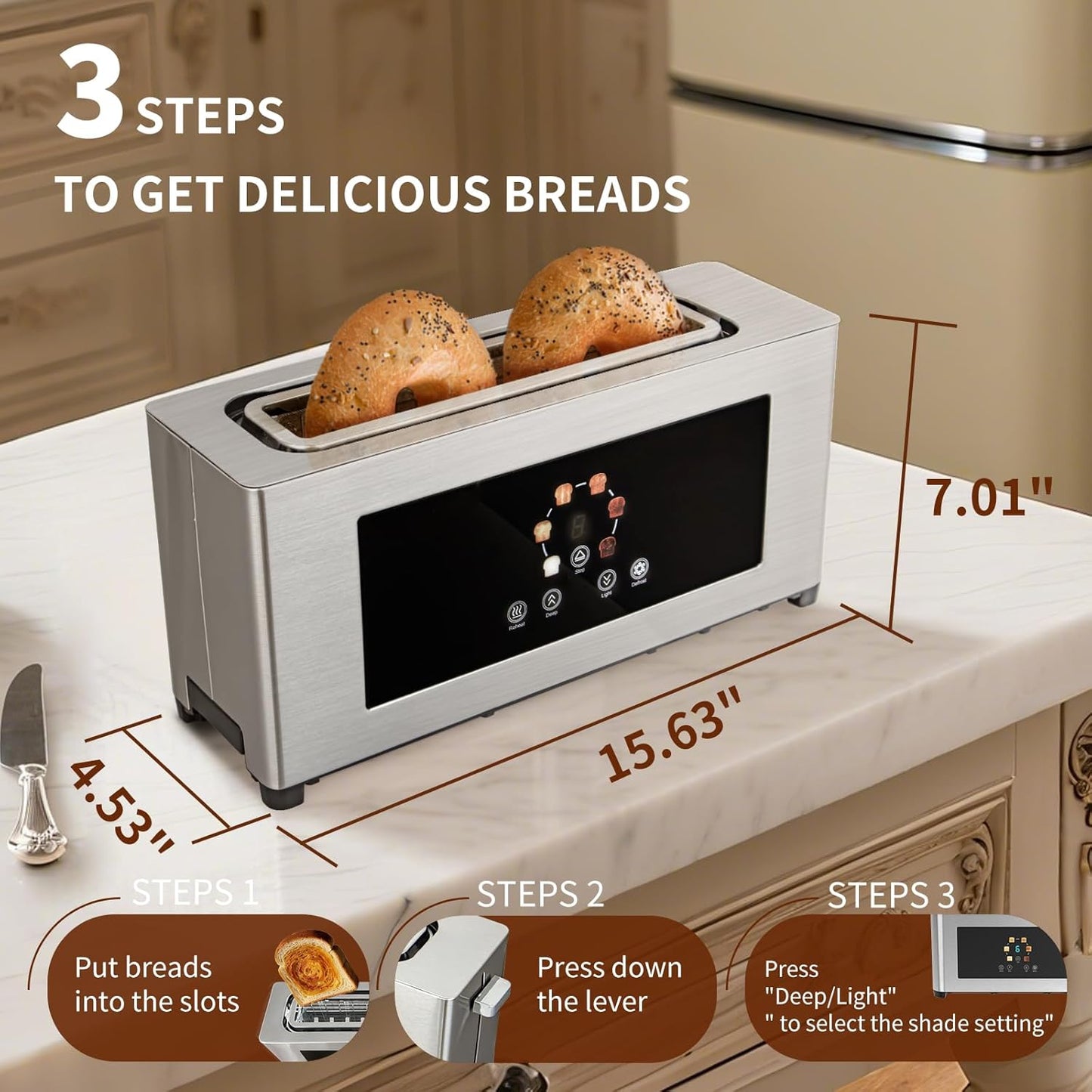 Touch Screen Toaster - LCD Display, 2 Slice Design with 10" Long Slot for Baguettes & 6 Browning Levels
