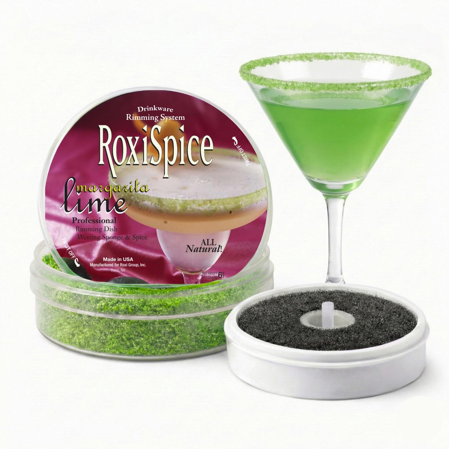 RoxiSpice Margarita Salt Rimmer Set (6 oz, Margarita Lime) Flavored Rimming Garnish for Cocktail Glasses, Complete System with Rim Dish and Wetting Sponge