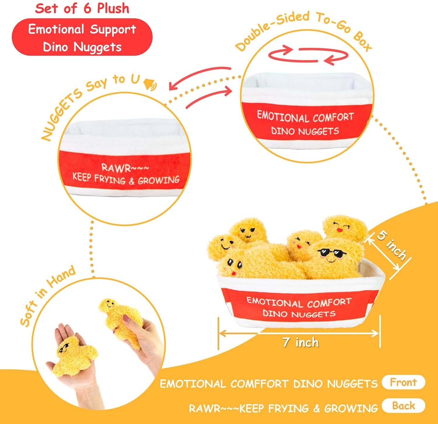 Positive Emotional Support Dino Nuggets Plush Toy - 6 Cute Stuffed Nuggets in Soft To-Go Box | Inspirational Gift for Teens & Friends