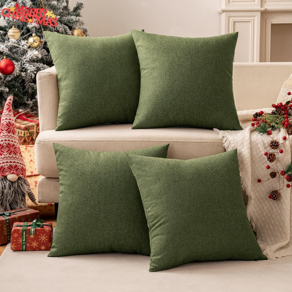 MIULEE Decorative Outdoor Throw Pillow Covers - Waterproof Faux Linen Cushion Cases | 22x22 Inch Dark Green (Pack of 2)