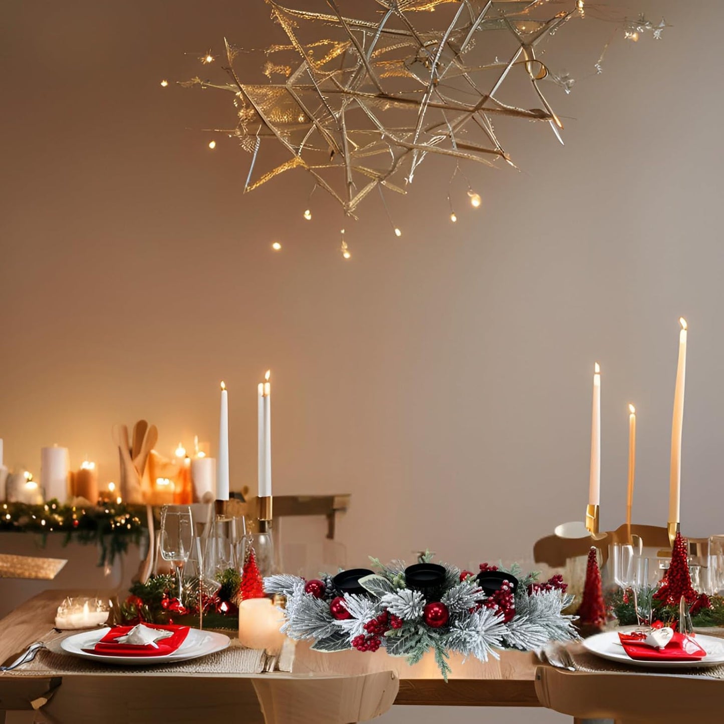 Svndlyn Christmas Candle Holder - 3 Candle Holders with Snow Flocked Pine Branches & Red Berries | Festive Table Centerpiece